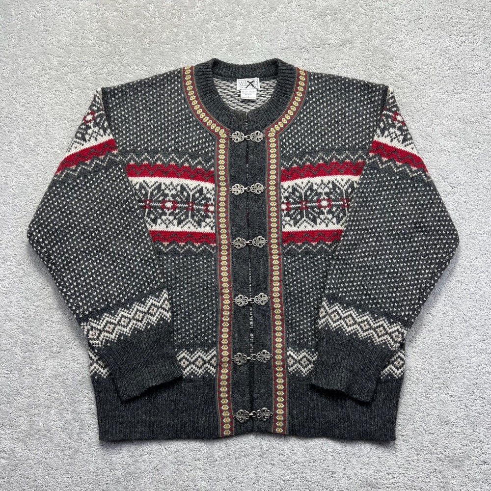 Willi Smith Collection Cardigan Womens Large Grey Nordic Fair Isle Wool Clasp